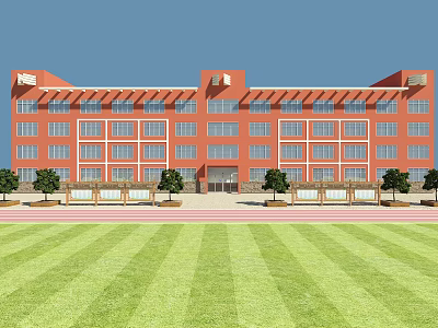 Red Brick Multi Story School Building With Large Windows Green Lawn And Trees 3d model