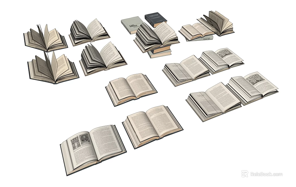 Multiple Open Books with Various Pages and Stacked Arrangement Design 3d model 