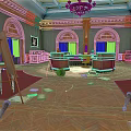 Large Desk In Room With Green Walls Arched Windows Scattered Papers Easel And Wooden Floor