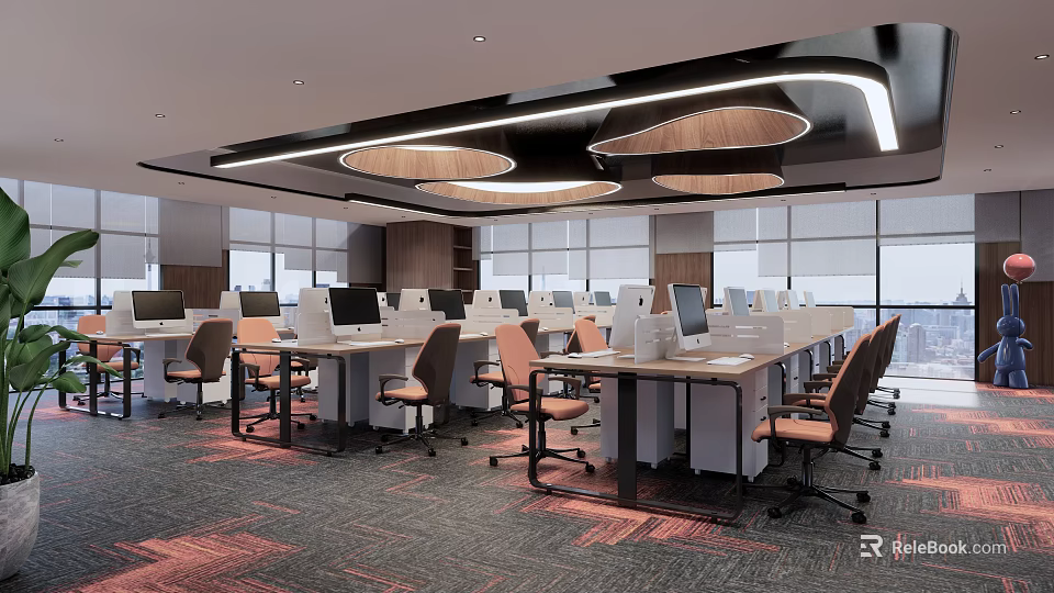 Spacious Modern Public Office Area Interior With Open Layout Long Desks Office Chairs And Bright Lighting 3d model 