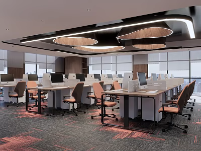 Spacious Modern Public Office Area Interior With Open Layout Long Desks Office Chairs And Bright Lighting 3d model