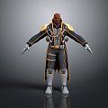 3D Fantasy Warrior Character With Red Head Black Gold Armor And Long Coat 3d model