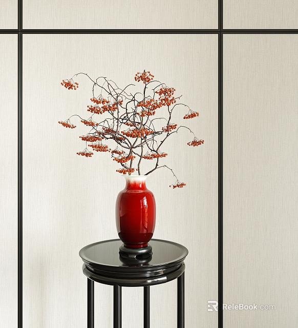 Red Vase With Branches Bearing Red Berries On Black Stand Against Light Wall 3d model 