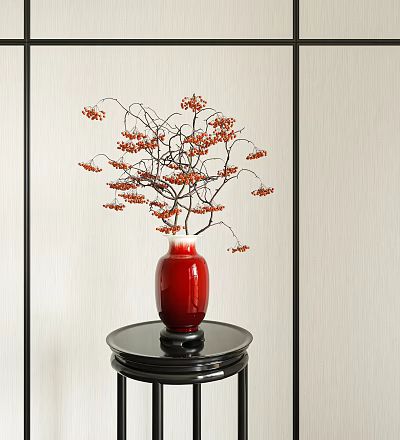 Red Vase With Branches Bearing Red Berries On Black Stand Against Light Wall 3d model