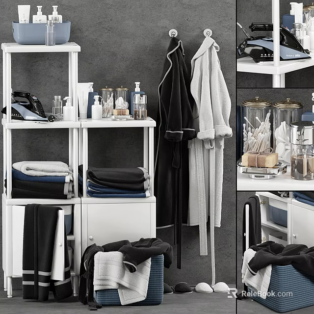 Organized Bathroom Storage Shelves With Laundry Towels Robes And Cleaning Supplies 3d model 