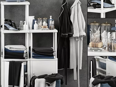 Organized Bathroom Storage Shelves With Laundry Towels Robes And Cleaning Supplies 3d model