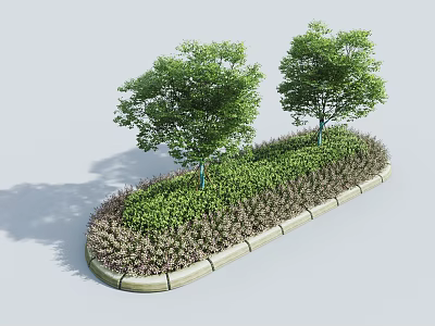 Lush Green Shrubs With Trees In Garden Bed Along Concrete Curb 3d model