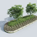 Lush Green Shrubs With Trees In Garden Bed Along Concrete Curb