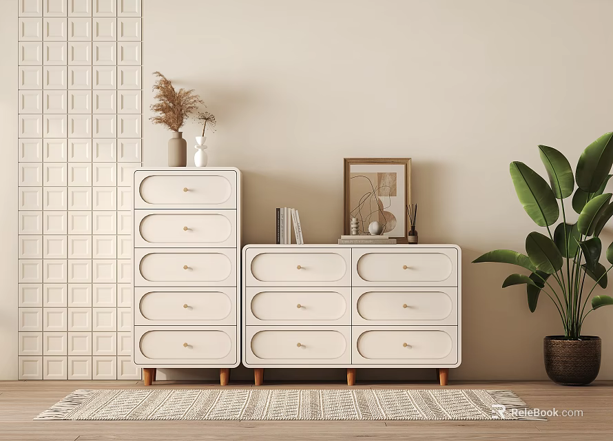 Elegant Modern Entryway With White Drawer Entryway Cabinet Side Cabinet Framed Art Plant And Rug 3d model 