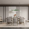 Elegant Modern Restaurant Dining Area With Rectangular Table Beige Chairs And Art Pendant Lights 3d model