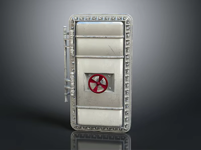 Silver Industrial Metal Safety Door Featuring Riveted Frame And Red Circular Valve 3d model