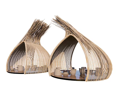 Wooden Striped Canopy Outdoor Sofa with Coffee Table in Patio Seating Area 3d model