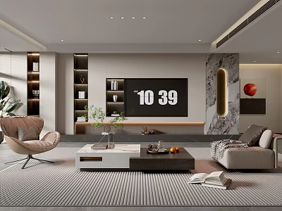 Modern Living Room Interior With TV Bookshelves Sofa Armchair Coffee Table And Rug 3d model