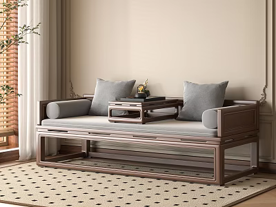 Traditional Chinese Daybed with Wooden Frame Gray Cushions and Side Tea Table in Minimalist Room 3d model