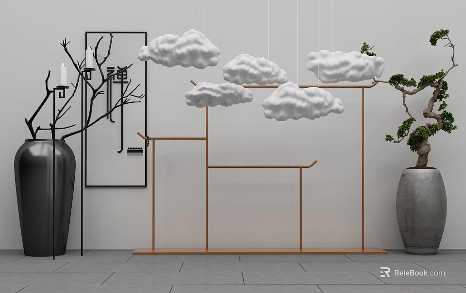 Creative Garden Decorative Setup With Cloud Shaped Ornaments Wooden Structure Green Plants And Decorative Painting 3d model 