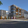 Modern Commercial Street with Multi storey Buildings Department Store Pedestrians and Vehicles