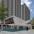 Modern High Rise Residential Buildings Central Entrance Front Plaza Water Pool Blue Sky White Clouds