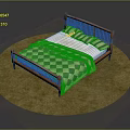 Wooden Bed Frame With Green And White Checkered Quilt And Pillows On Beige Carpet