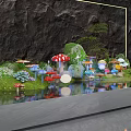 Miniature Landscape Scene With Golden Frame Dark Rock Background Mushrooms Small House And Water Reflection
