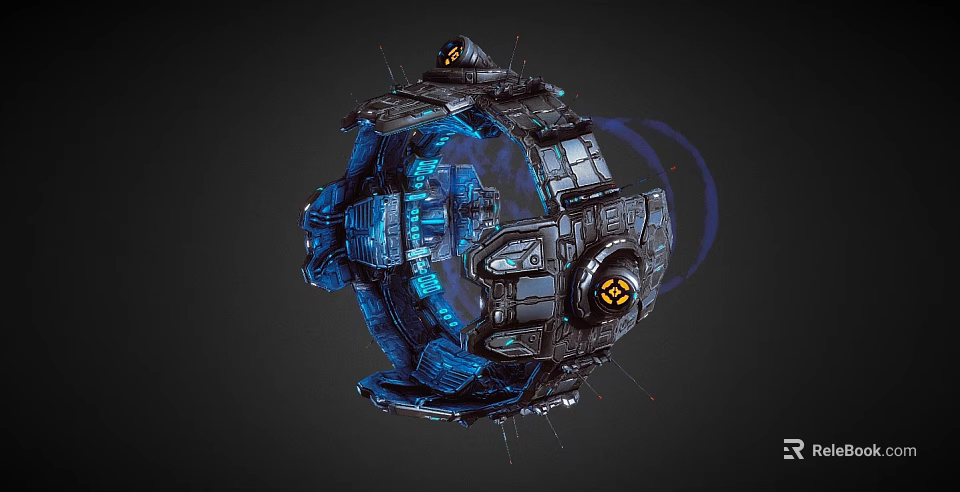 Futuristic Sci-Fi Mechanical Structure With Blue Glowing Elements Yellow Emblem And Circular Design 3d model
