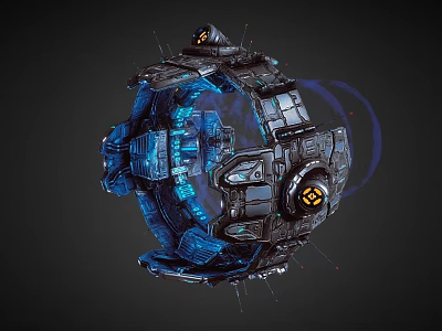 Futuristic Sci-Fi Mechanical Structure With Blue Glowing Elements Yellow Emblem And Circular Design 3d model