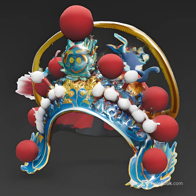 Traditional Chinese Hat with Gold Blue Decorations Red White Balls and Dragon Patterns 3d model 
