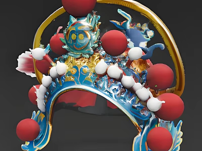 Traditional Chinese Hat with Gold Blue Decorations Red White Balls and Dragon Patterns 3d model
