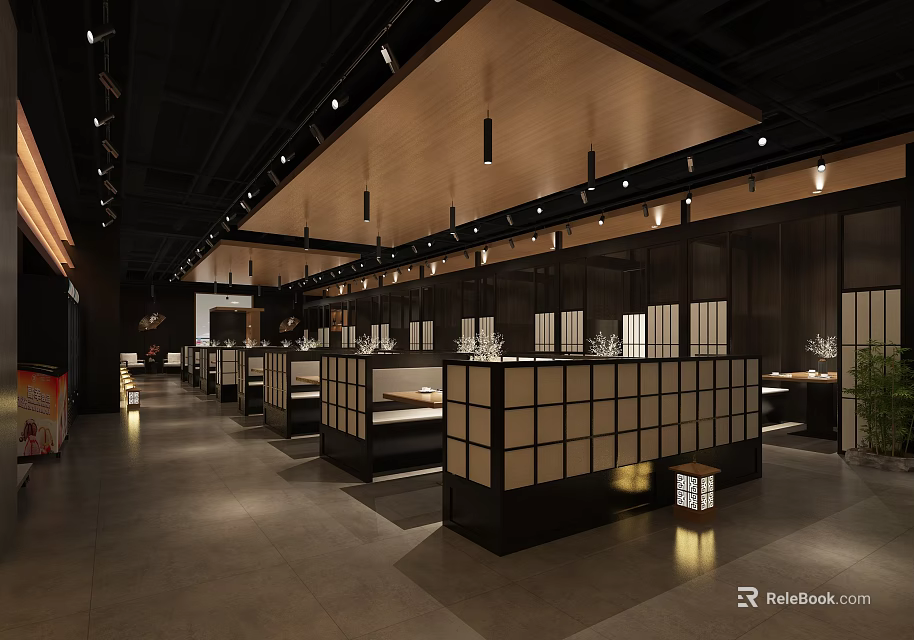 Japanese Style Restaurant Interior Featuring Wooden Ceiling Lattice Screens And Lantern Decorations 3d model 