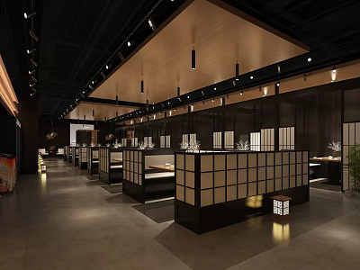 Japanese Style Restaurant Interior Featuring Wooden Ceiling Lattice Screens And Lantern Decorations 3d model