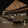 Japanese Style Restaurant Interior Featuring Wooden Ceiling Lattice Screens And Lantern Decorations