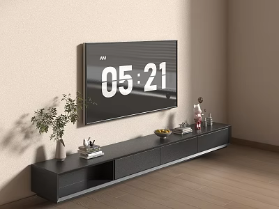 Sleek Modern TV Stand With TV Screen Showing Time Vase Plant Books And Decorative Items 3d model