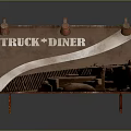 Vintage Truck Diner Signage Furniture With Bulb Decorations Graphic Brown Background White Wavy Stripe