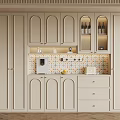 Light Colored Modern Wine Cabinet With Glass Doors Drawers And Patterned Tile Backsplash 3d model