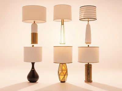 Modern Table Lamps With Three Different Base Designs And Neutral Fabric Shades 3d model