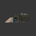 Military Green Truck with Metal Containers on Truck Bed and Wooden Ramp near Blue Barrel