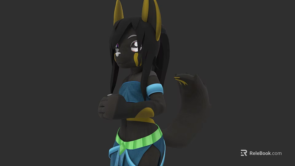 Animated Anthropomorphic Fox Character With Black Fur Yellow Ears And Blue Green Outfit 3d model 