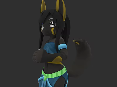 Animated Anthropomorphic Fox Character With Black Fur Yellow Ears And Blue Green Outfit 3d model