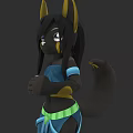 Animated Anthropomorphic Fox Character With Black Fur Yellow Ears And Blue Green Outfit