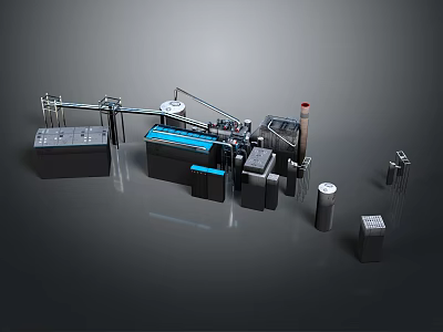 Industrial Equipment Setup With Black Blue Mechanical Parts Pipes Containers And Control Panels 3d model