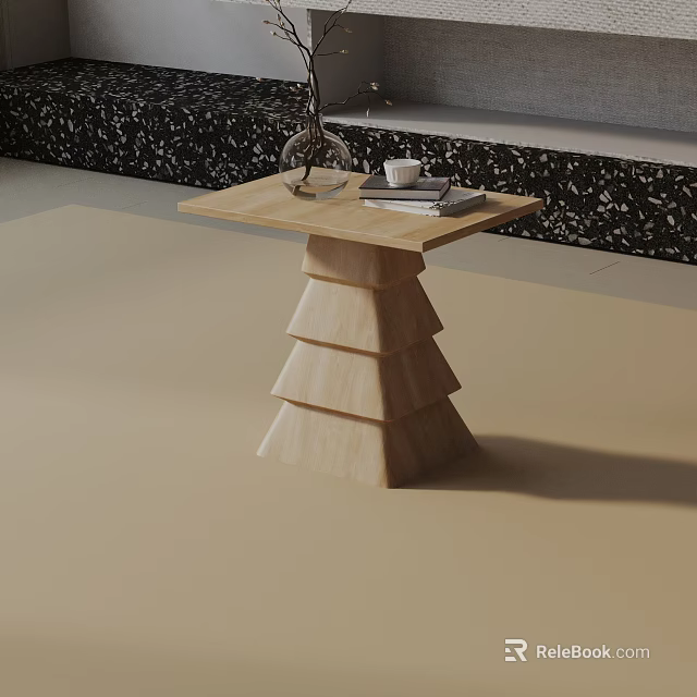 Wooden Side Table With Layered Base And Vase Books On Top In Modern Living Space 3d model 