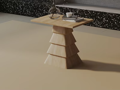 Wooden Side Table With Layered Base And Vase Books On Top In Modern Living Space 3d model