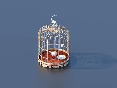 Decorative Metal Birdcage With White Top Brown Base And Small Bowl 3d model