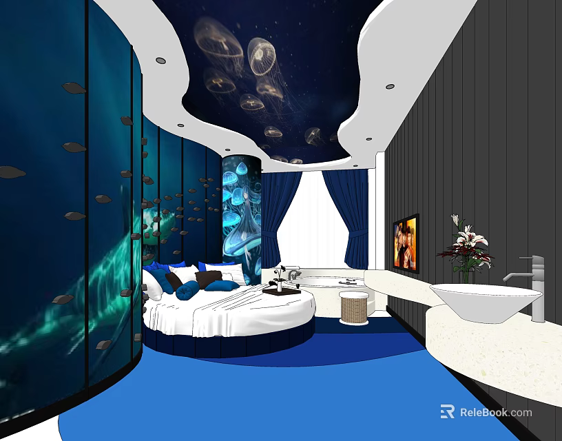Ocean Themed Hotel Room With Round Bed And Jellyfish Ceiling Design 3d model