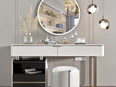 Modern Dressing Table with Round Mirror Pendant Lights and Decorative Stool 3d model