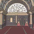 Elegant Elevator Hallway With Arched Ceiling Chandelier Columns Red Carpet And Benches 3d model
