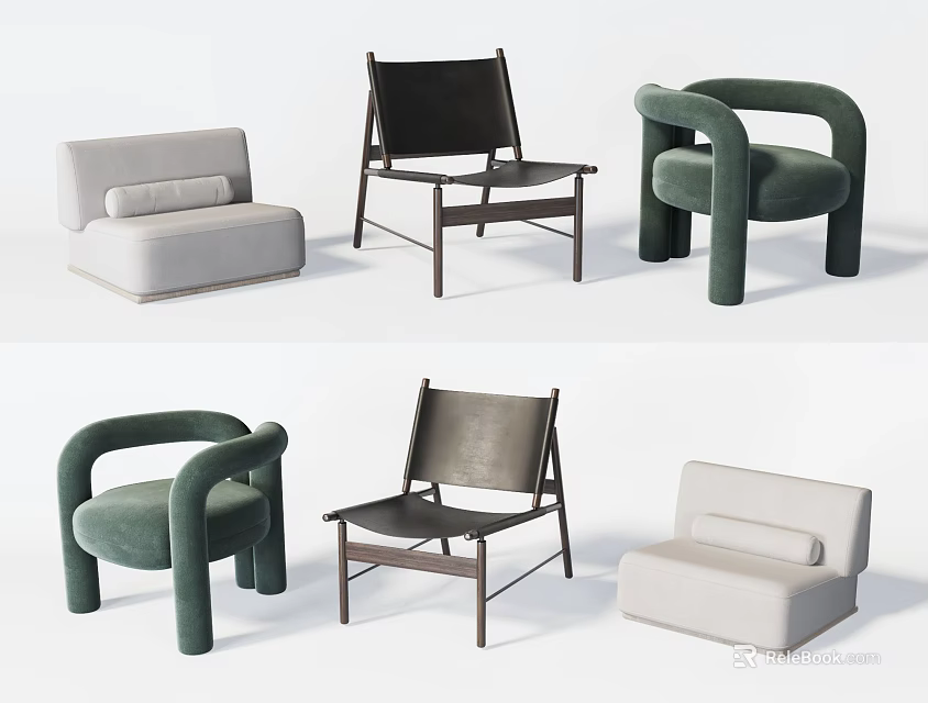 Modern Leisure Chairs With Various Designs Upholstered Seats And Metal Frames In Green Gray Beige 3d model 