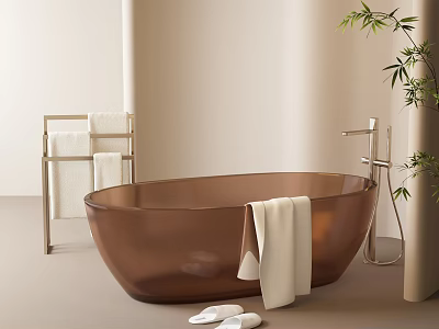 Stylish Brown Bathtub In Minimalist Bathroom With Towel Rack Slippers And Green Plant 3d model