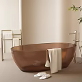 Stylish Brown Bathtub In Minimalist Bathroom With Towel Rack Slippers And Green Plant