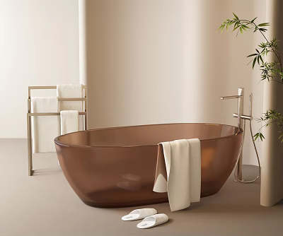 Stylish Brown Bathtub In Minimalist Bathroom With Towel Rack Slippers And Green Plant 3d model