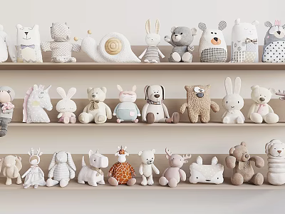 Various Cute Animal Shaped Stuffed Plush Toys on Shelves with Soft Colors for Kids 3d model